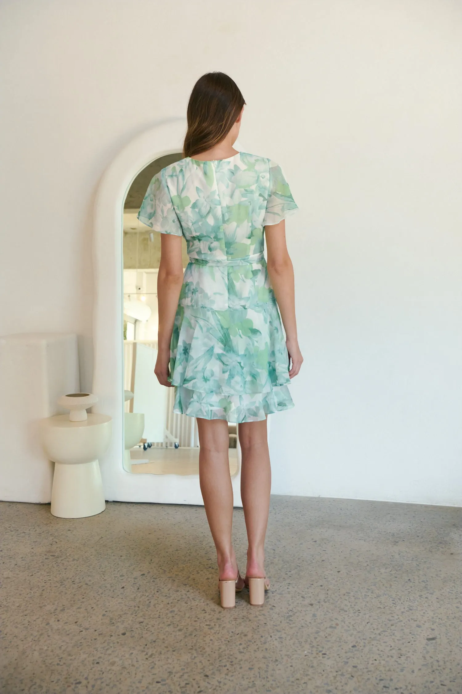 Paloma Chiffon Green/White Floral Cross Over Dress