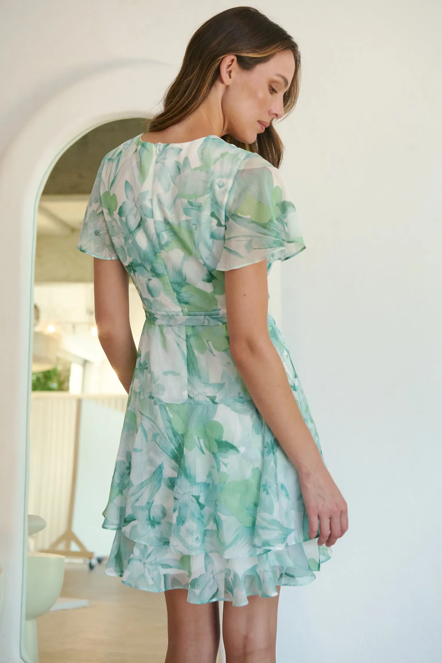 Paloma Chiffon Green/White Floral Cross Over Dress