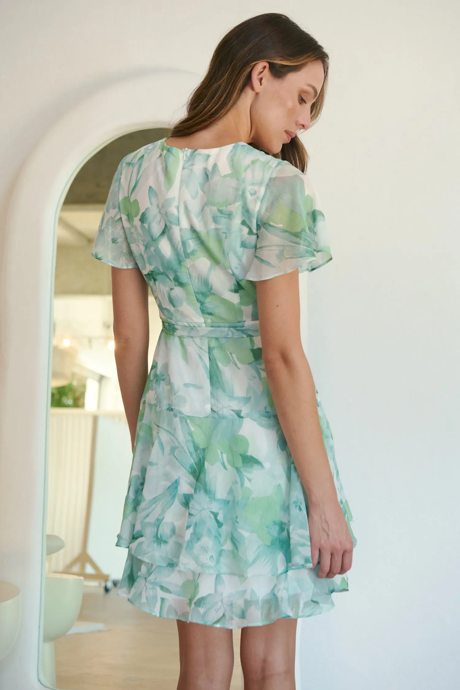 Paloma Chiffon Green/White Floral Cross Over Dress