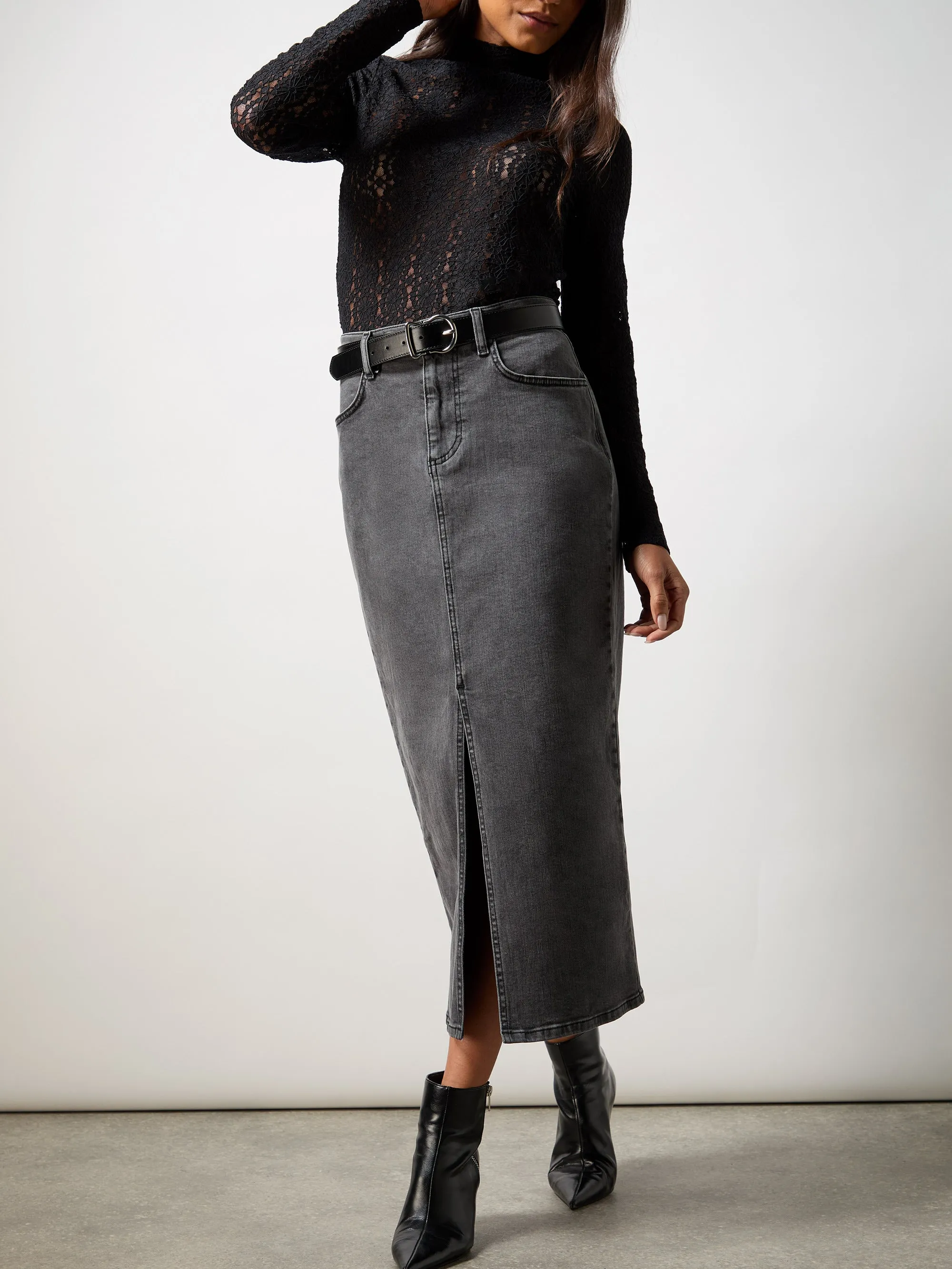 Petite Grey Denim Midi Skirt