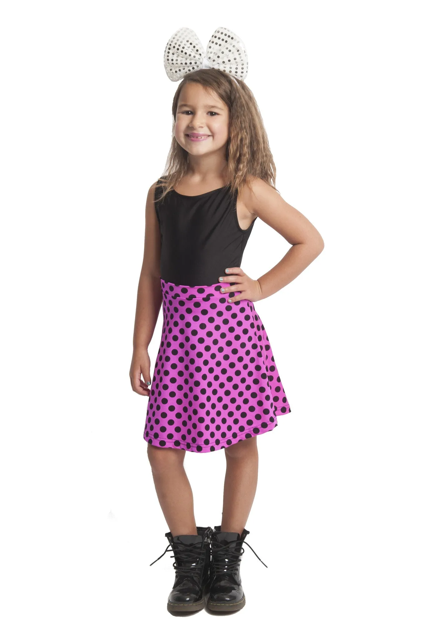 Pink & Black Polka Dot Kids Skater Skirt