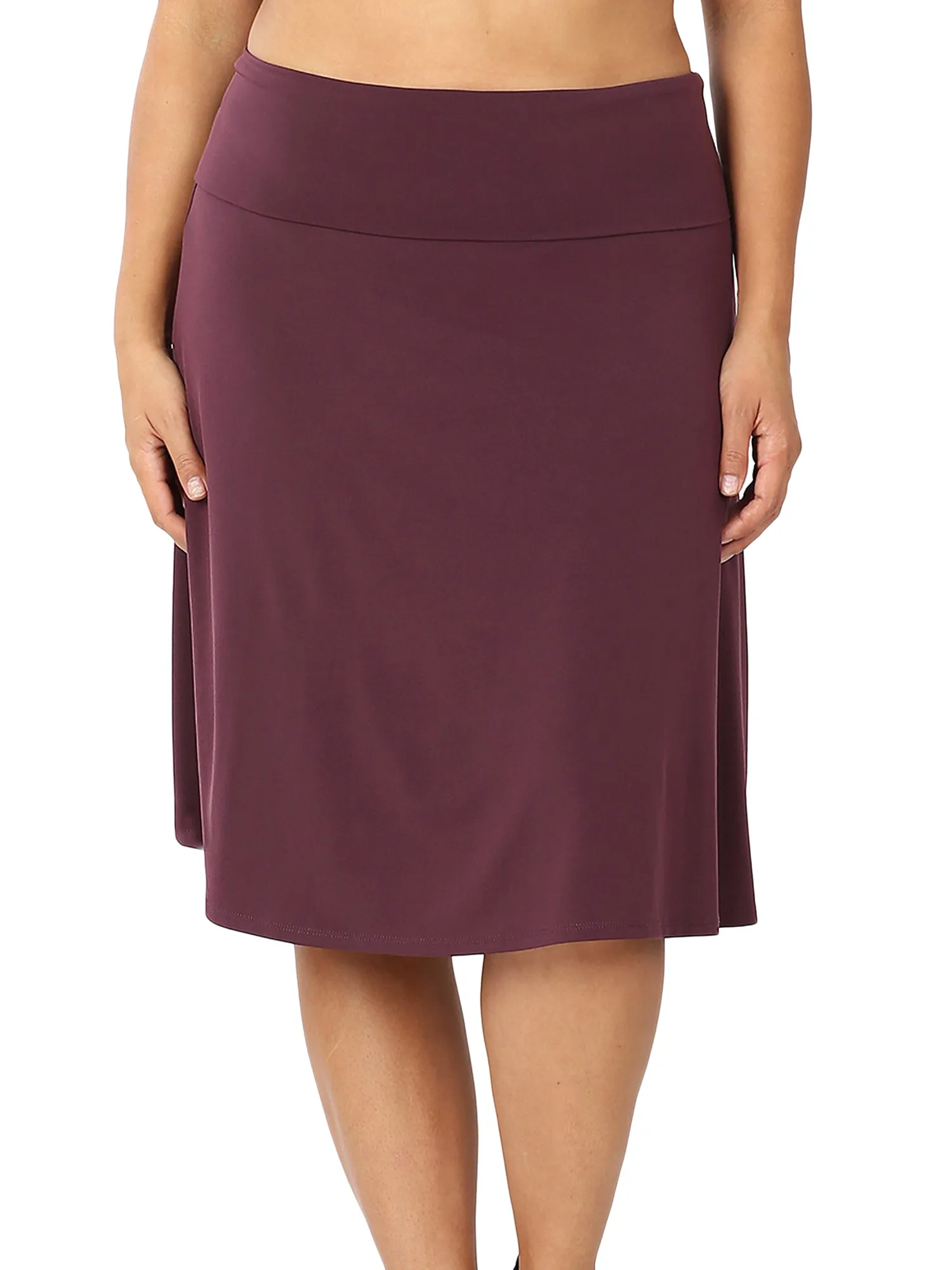 Plus Size Fold Over Banded Waist A-Line Flared Knee Length Midi Skirt