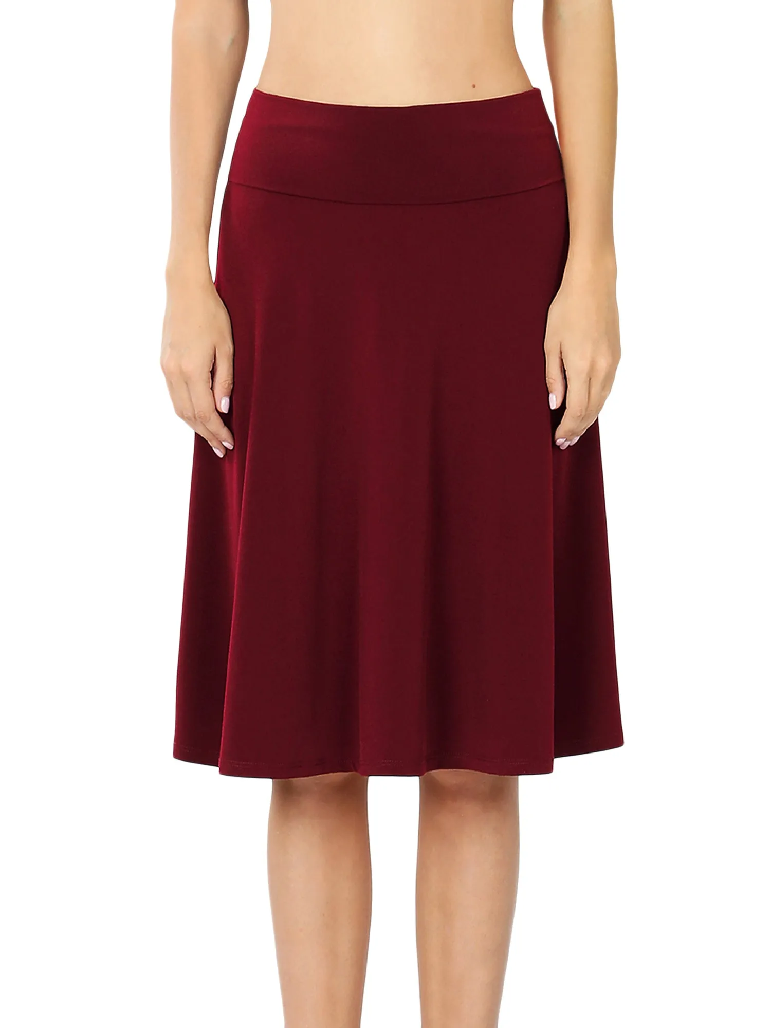 Plus Size Fold Over Banded Waist A-Line Flared Knee Length Midi Skirt