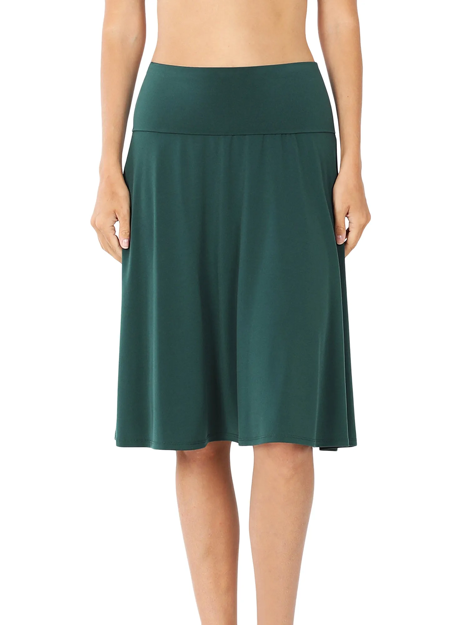 Plus Size Fold Over Banded Waist A-Line Flared Knee Length Midi Skirt