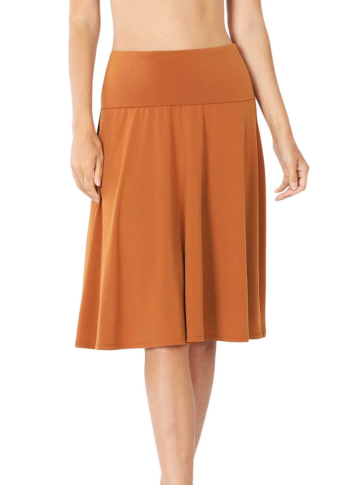 Plus Size Fold Over Banded Waist A-Line Flared Knee Length Midi Skirt