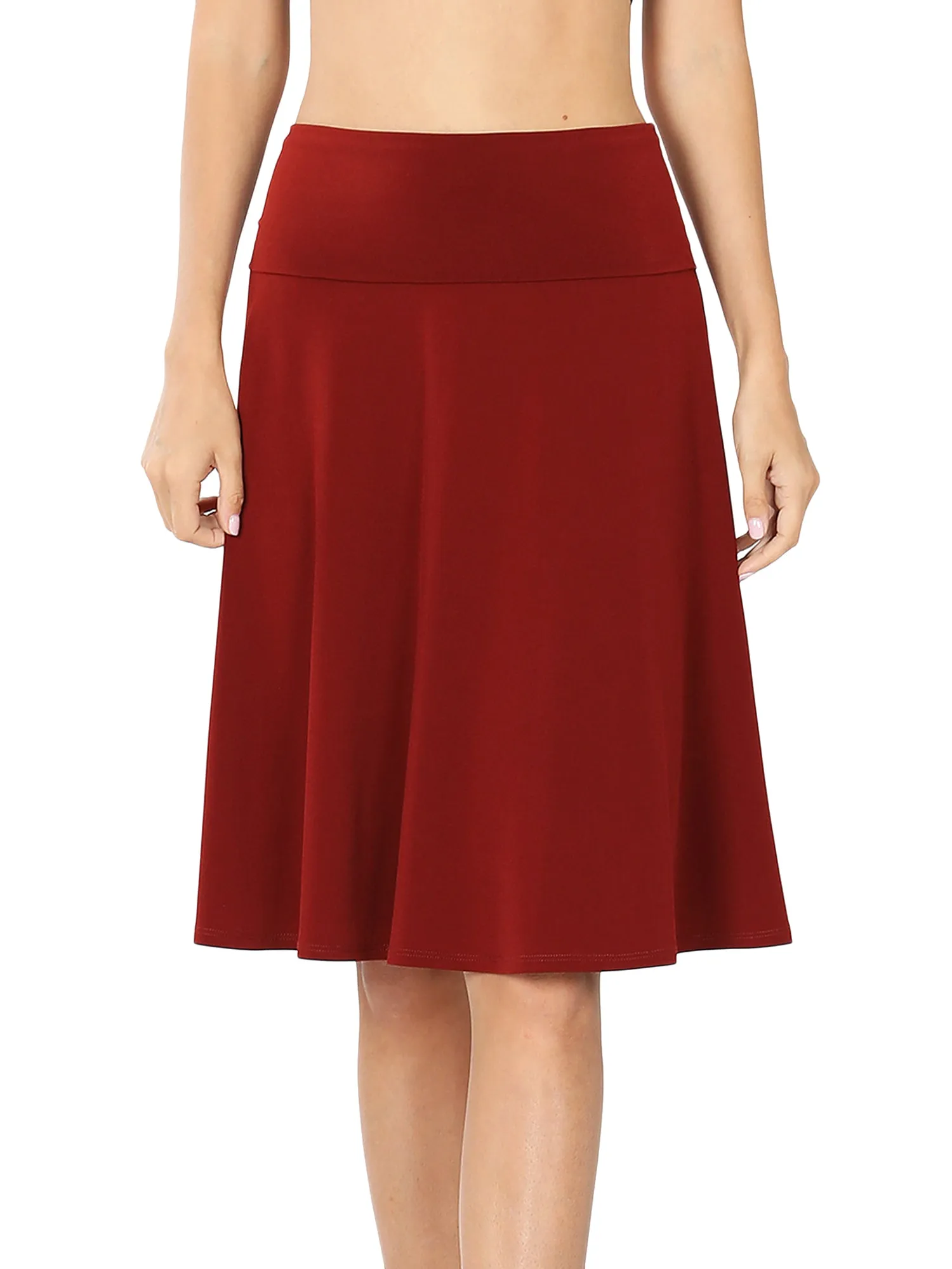 Plus Size Fold Over Banded Waist A-Line Flared Knee Length Midi Skirt