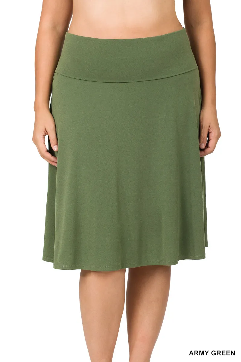 Plus Size Fold Over Banded Waist A-Line Flared Knee Length Midi Skirt