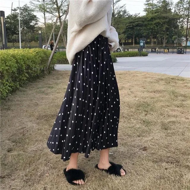 Print Polka Dot Black Bottom Mid-length Pleated Skirt