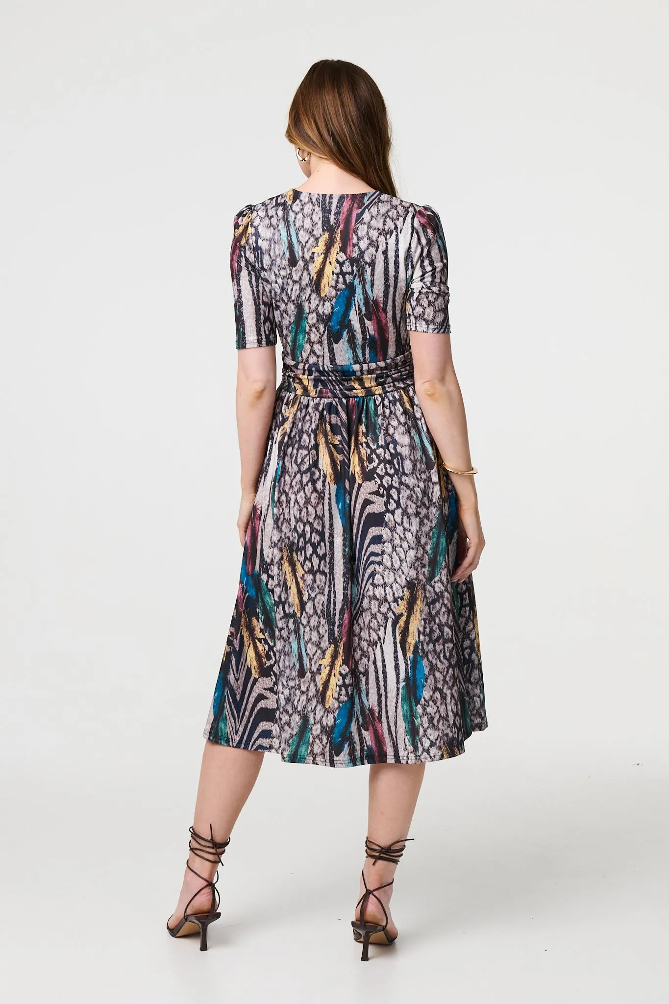 Printed Faux Wrap Front Jersey Midi Dress