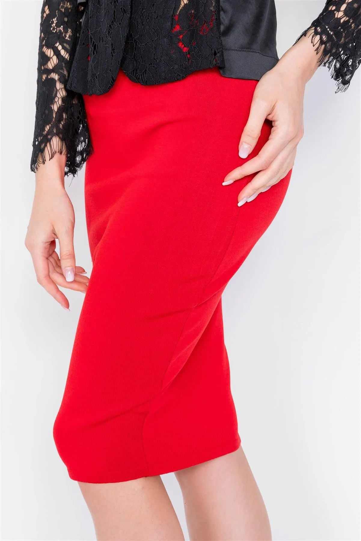 Red High-Waist A-Line Pencil Bodycon Basic Midi Skirt  /1-2-2