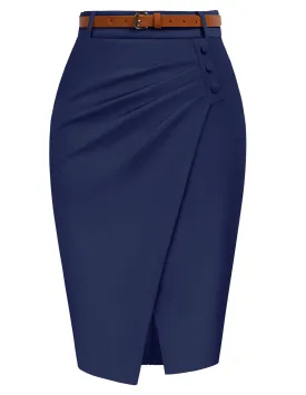 Ruched Skirt with Belt High Waist Wrap Hem Bodycon Skirt