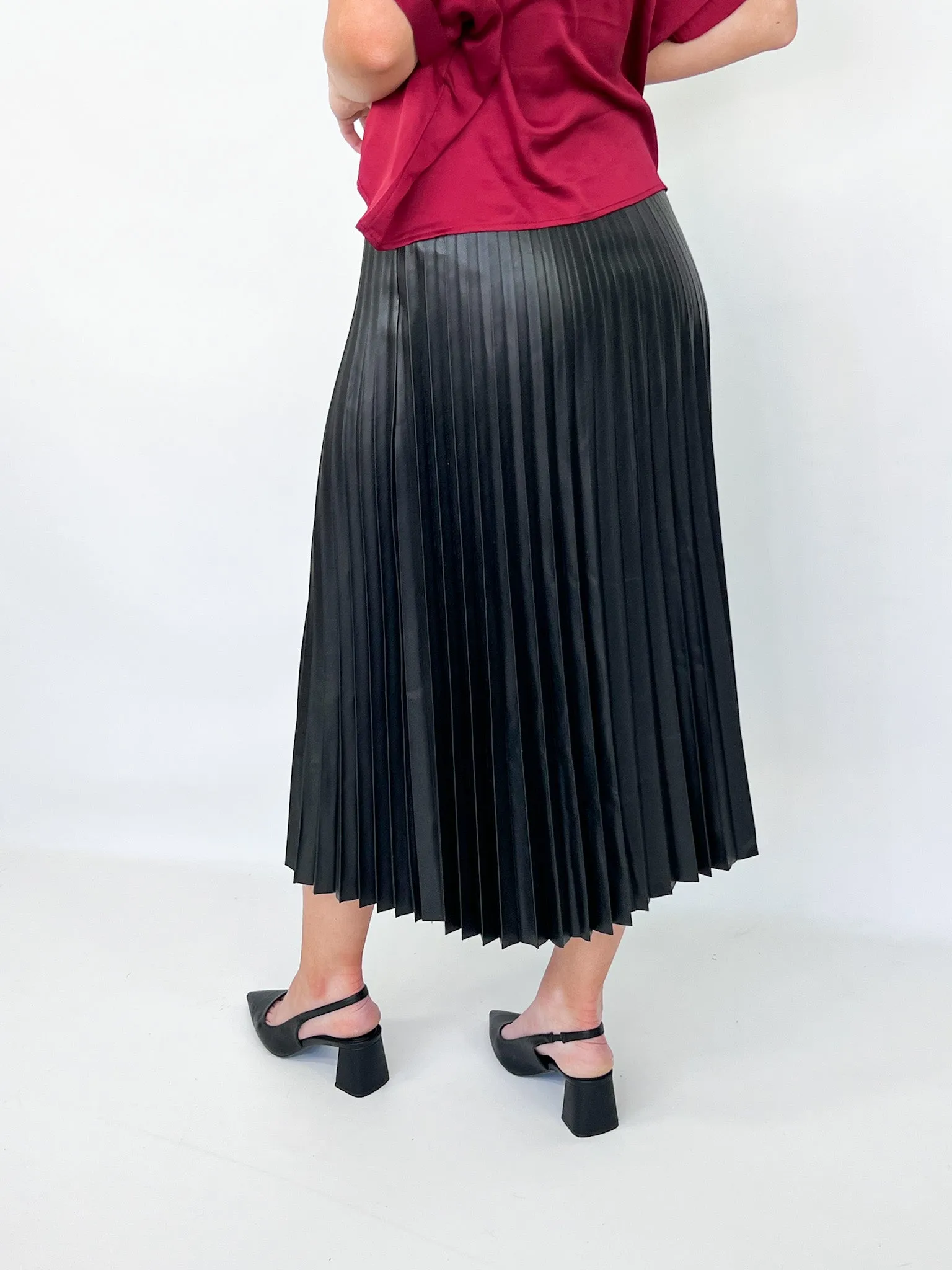 Sara - Black Pleather Pleated Skirt