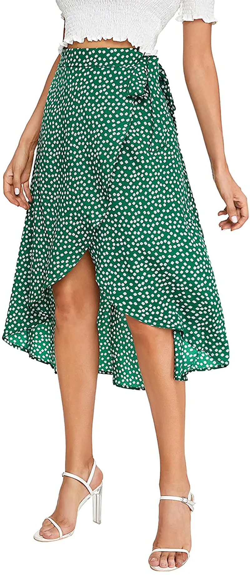 SheIn Women's Boho Ditsy Floral Knot High Waisted Wrap Split Midi Skirt