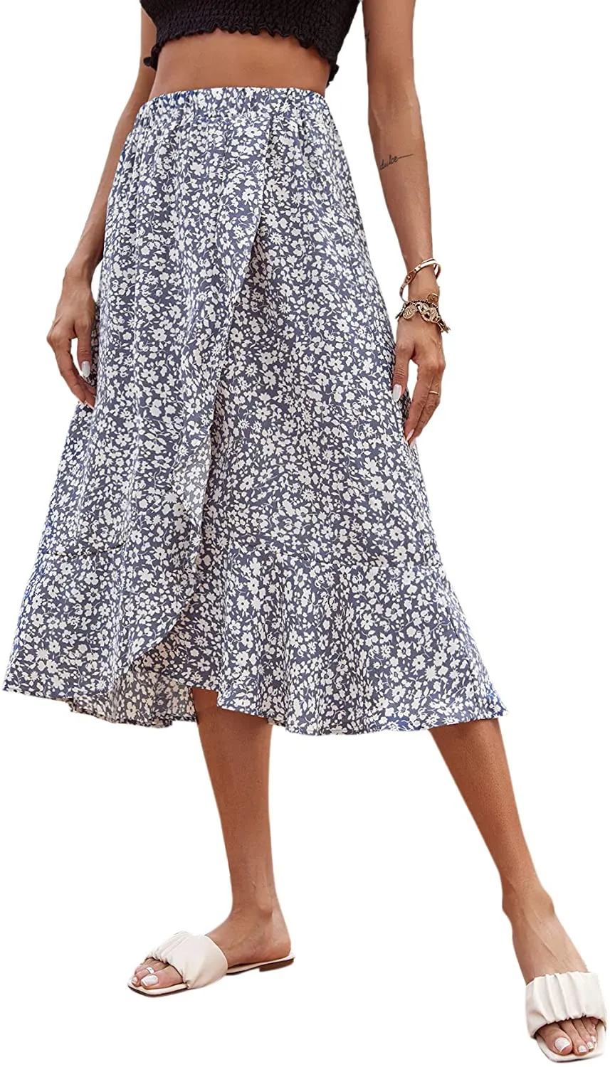 SheIn Women's Boho Ditsy Floral Knot High Waisted Wrap Split Midi Skirt