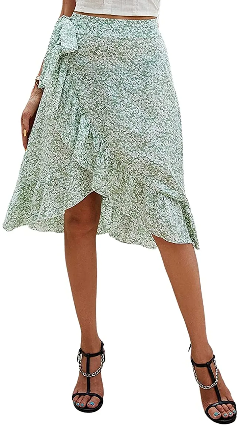 SheIn Women's Boho Ditsy Floral Knot High Waisted Wrap Split Midi Skirt