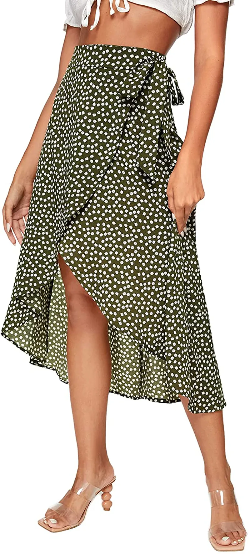 SheIn Women's Boho Ditsy Floral Knot High Waisted Wrap Split Midi Skirt