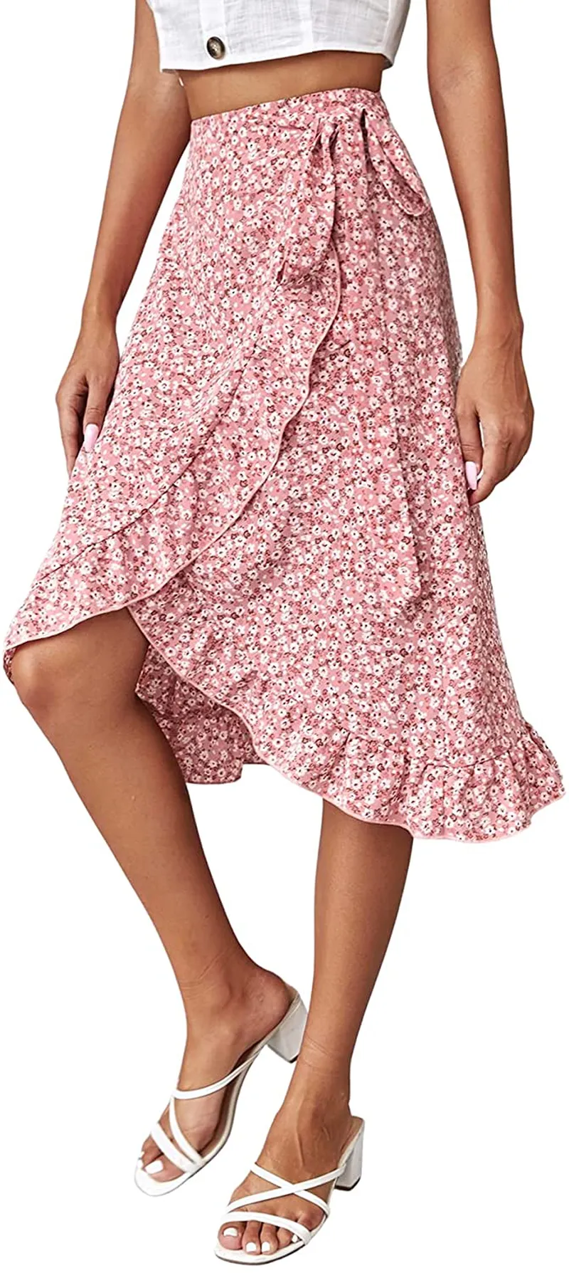 SheIn Women's Boho Ditsy Floral Knot High Waisted Wrap Split Midi Skirt