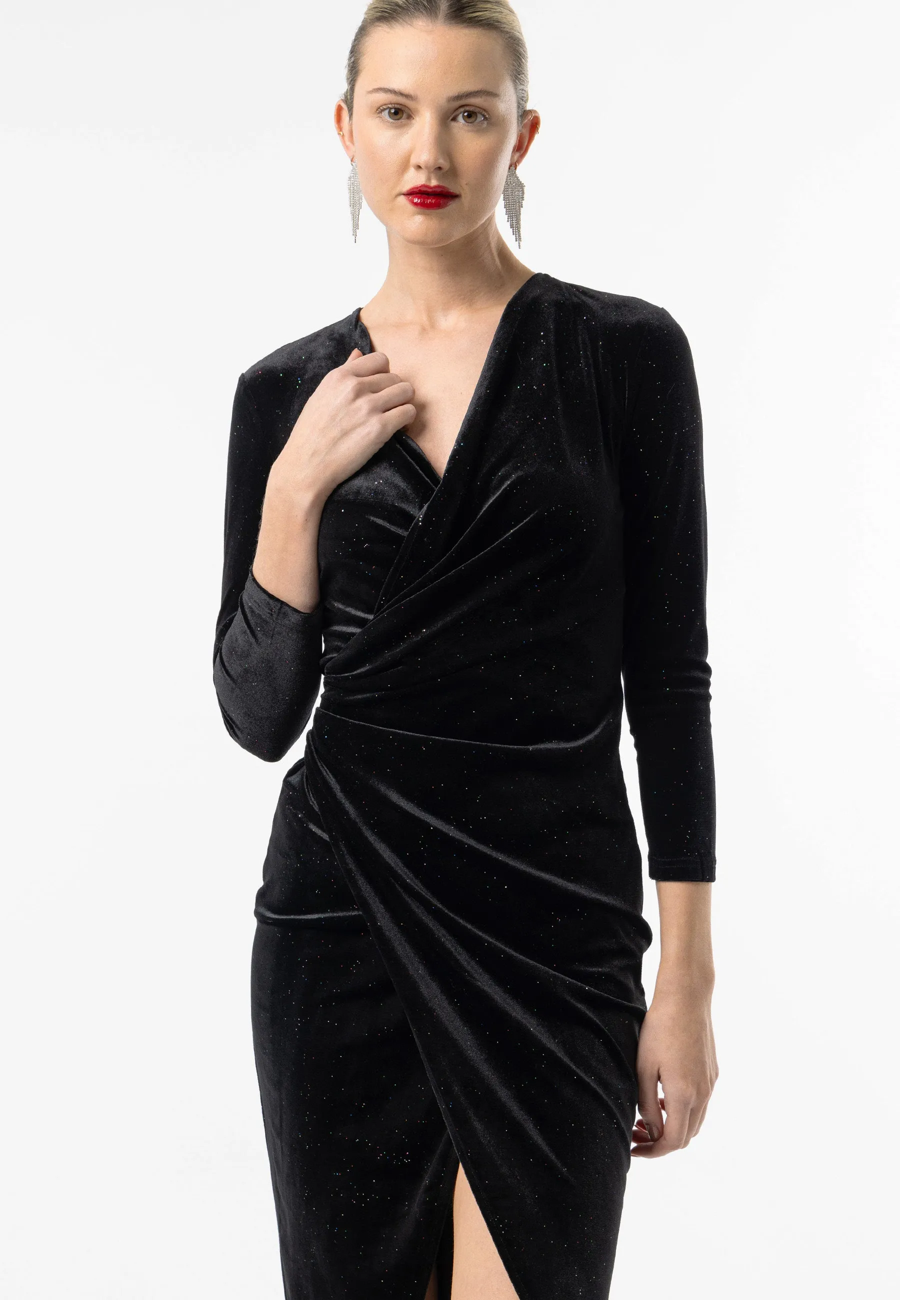 Shimmer Velvet 3/4 Sleeve Midi Wrap Dress in Black