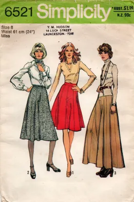 Simplicity 6521 Womens Panelled Skirt or Maxi 1970s Vintage Sewing Pattern Size 8 10 or 12