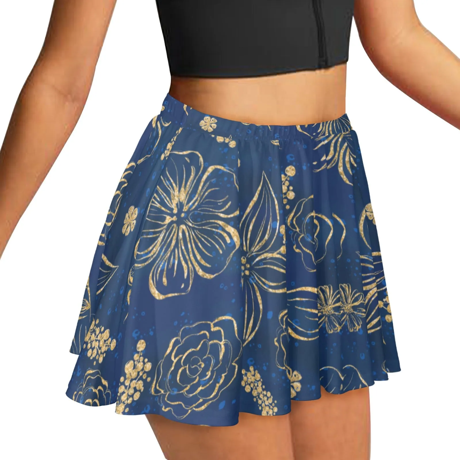 Skater Skirt Blue & Gold Floral Skater Skirt (Model D69)