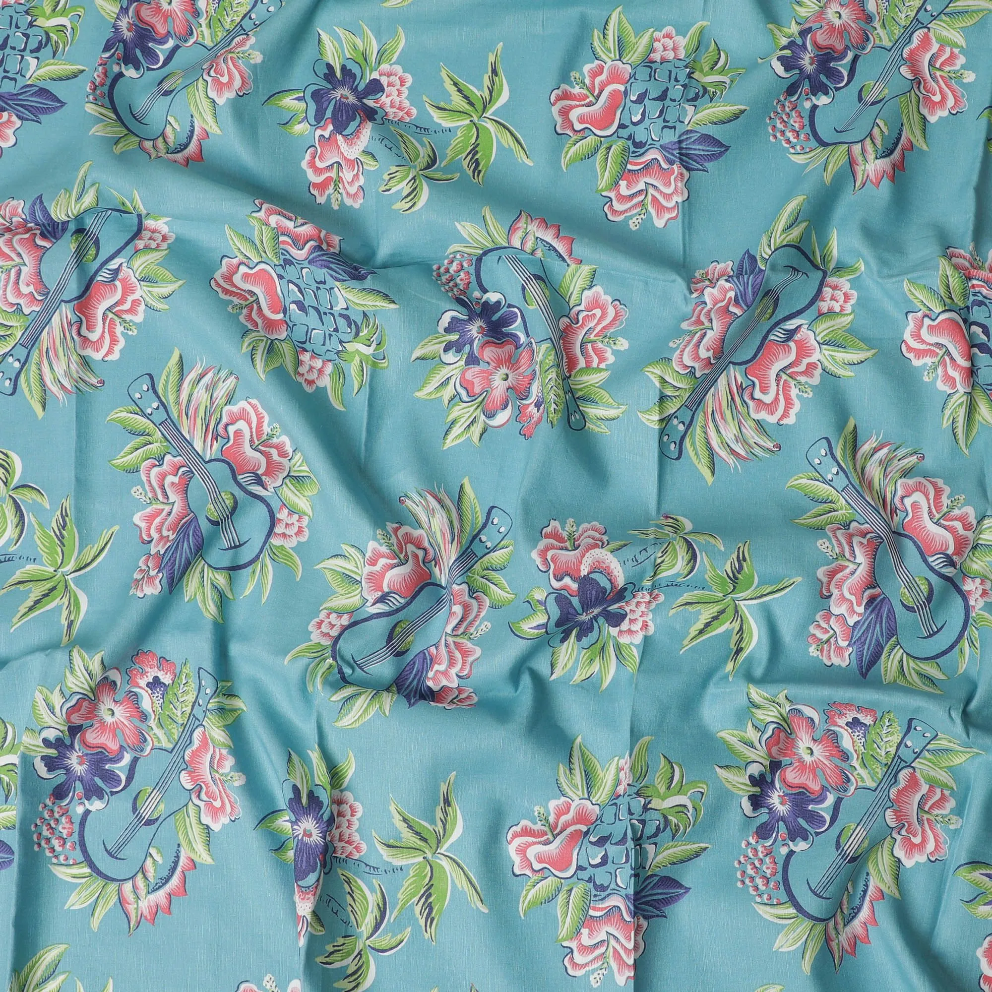 Sky blue blended linen fabric with multicolor print in floral design-D17318 (1.55 mtrs)