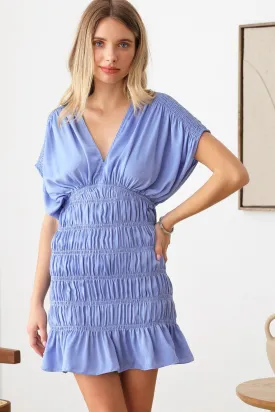 Smocked Shoulder Ruffle Skirt V-neck Back Tie Boho Dress