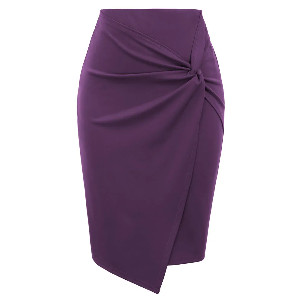 Solid Color Asymmetrical Wrap Front Stretchy Bodycon Pencil Skirt