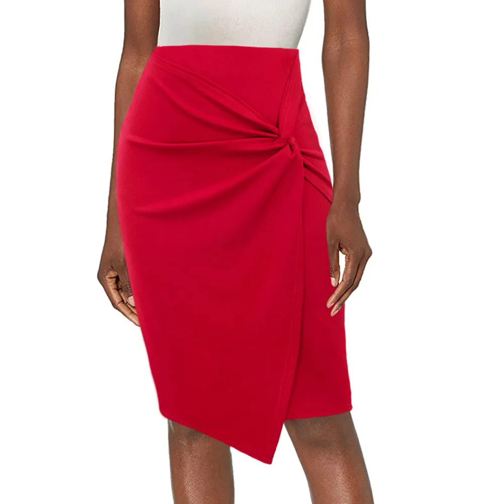 Solid Color Asymmetrical Wrap Front Stretchy Bodycon Pencil Skirt