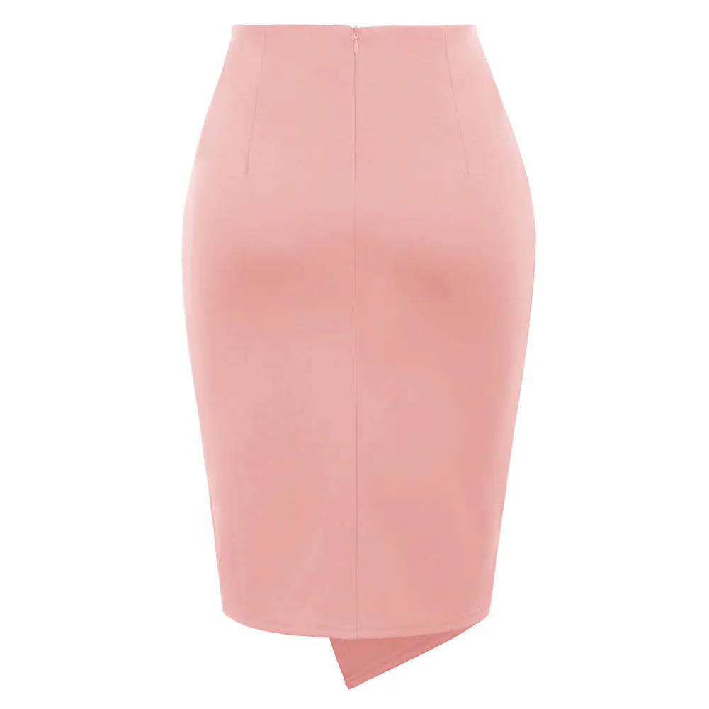 Solid Color Asymmetrical Wrap Front Stretchy Bodycon Pencil Skirt