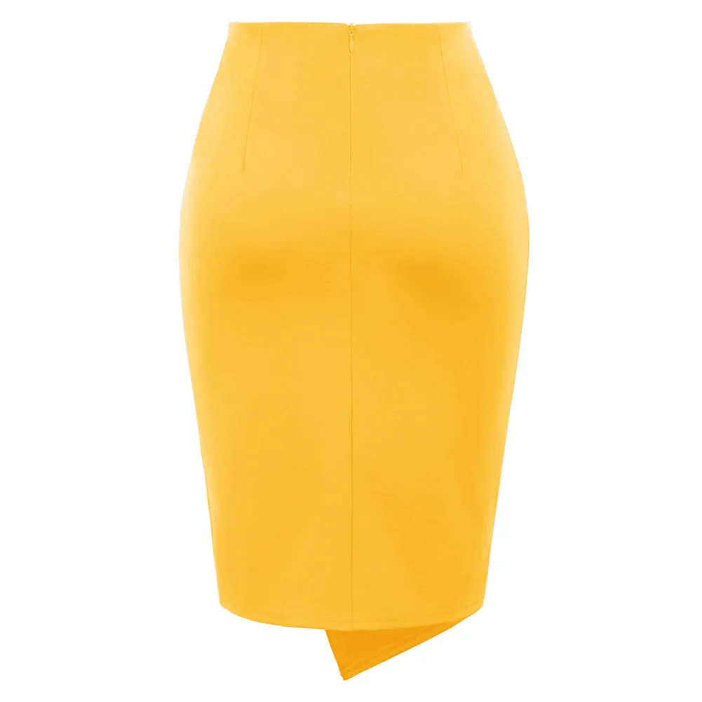 Solid Color Asymmetrical Wrap Front Stretchy Bodycon Pencil Skirt