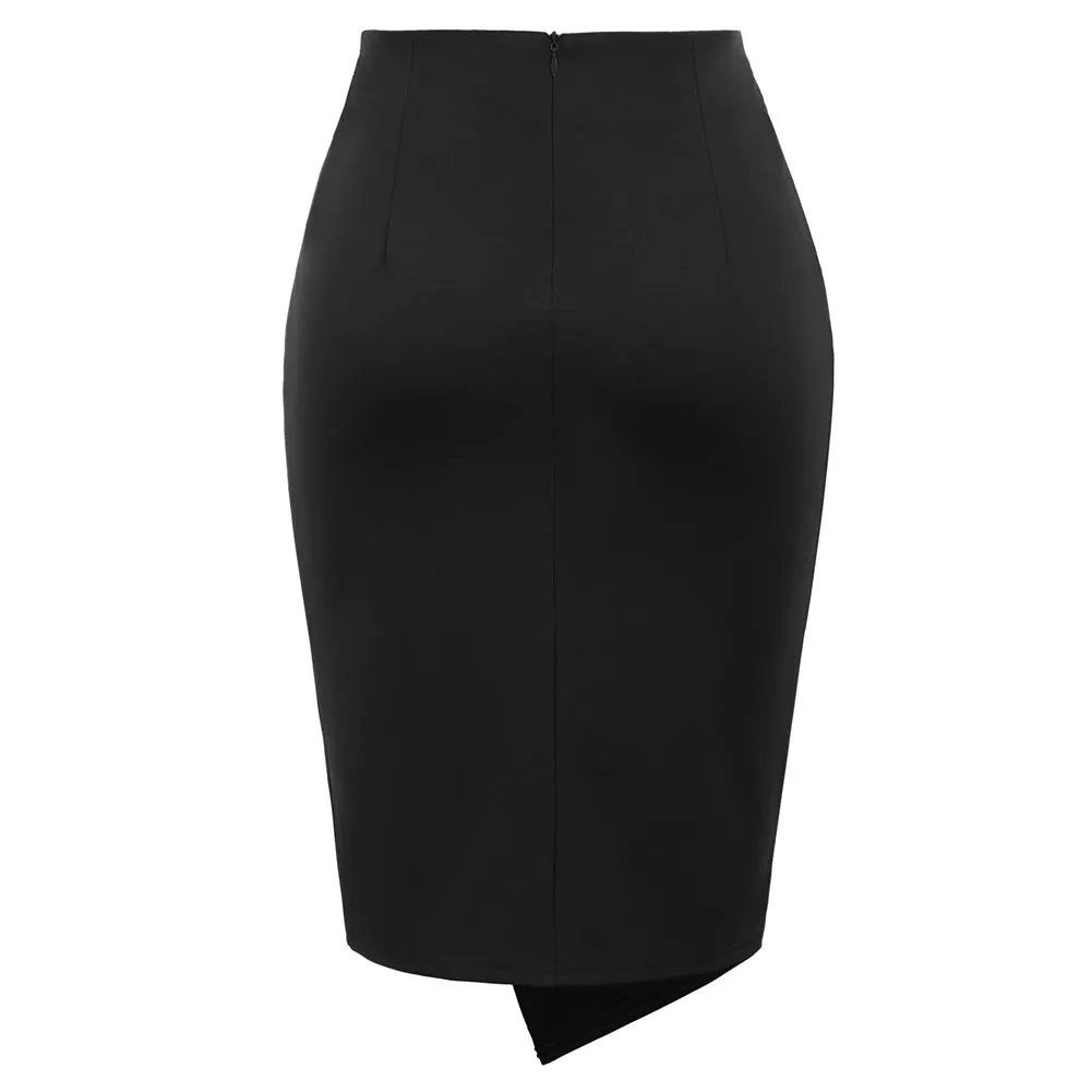 Solid Color Asymmetrical Wrap Front Stretchy Bodycon Pencil Skirt