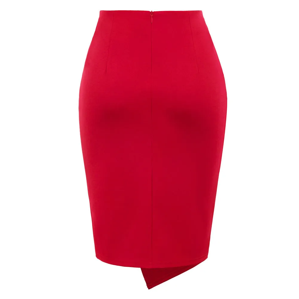 Solid Color Asymmetrical Wrap Front Stretchy Bodycon Pencil Skirt