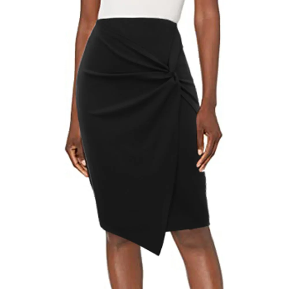 Solid Color Asymmetrical Wrap Front Stretchy Bodycon Pencil Skirt