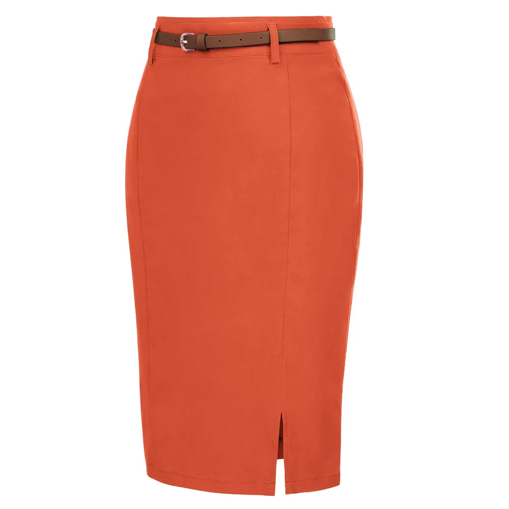 Solid Color Slim Belt Bodycon Pencil SkirtKnee Length Skirt