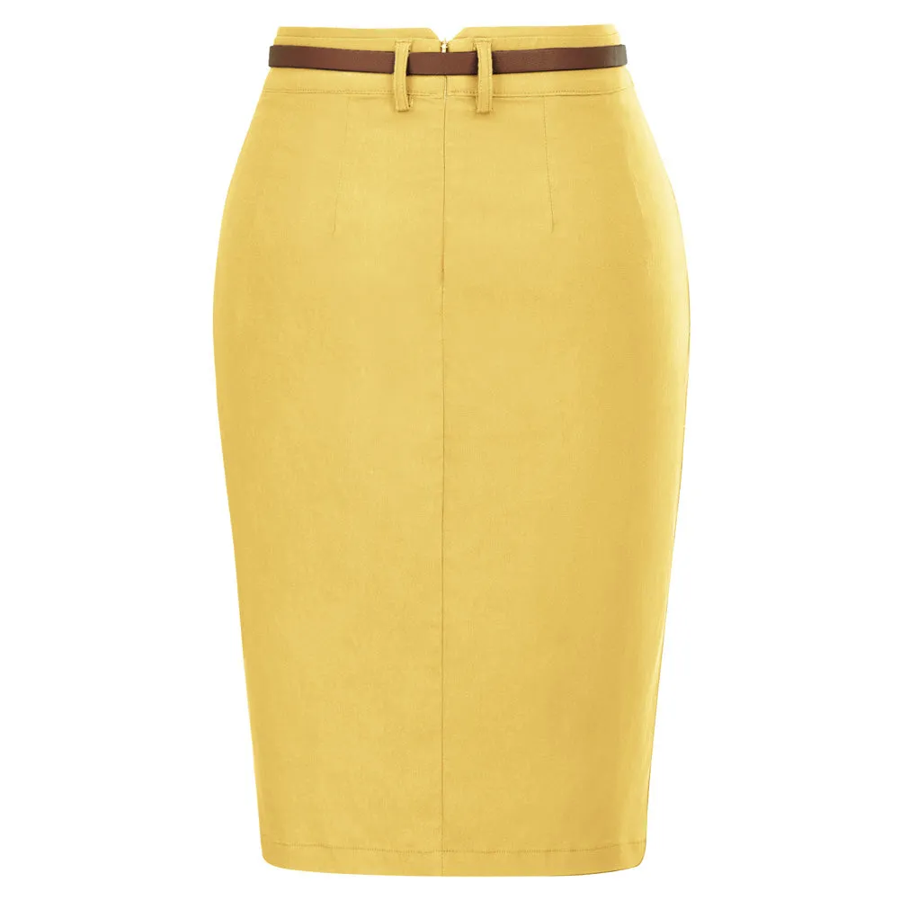 Solid Color Slim Belt Bodycon Pencil SkirtKnee Length Skirt