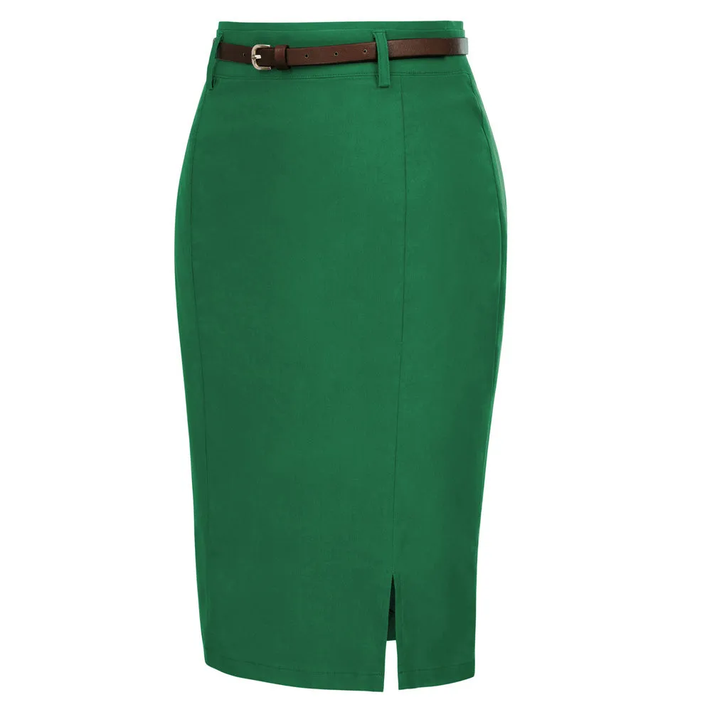 Solid Color Slim Belt Bodycon Pencil SkirtKnee Length Skirt