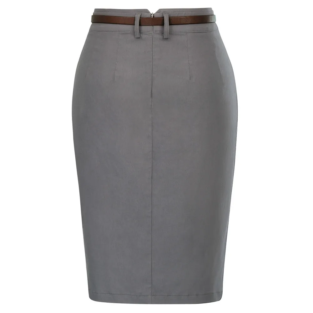 Solid Color Slim Belt Bodycon Pencil SkirtKnee Length Skirt