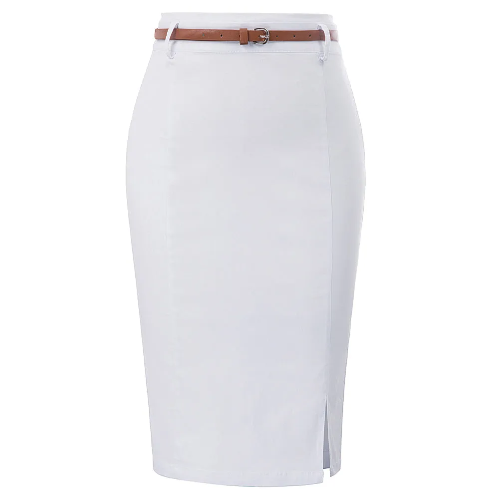 Solid Color Slim Belt Bodycon Pencil SkirtKnee Length Skirt