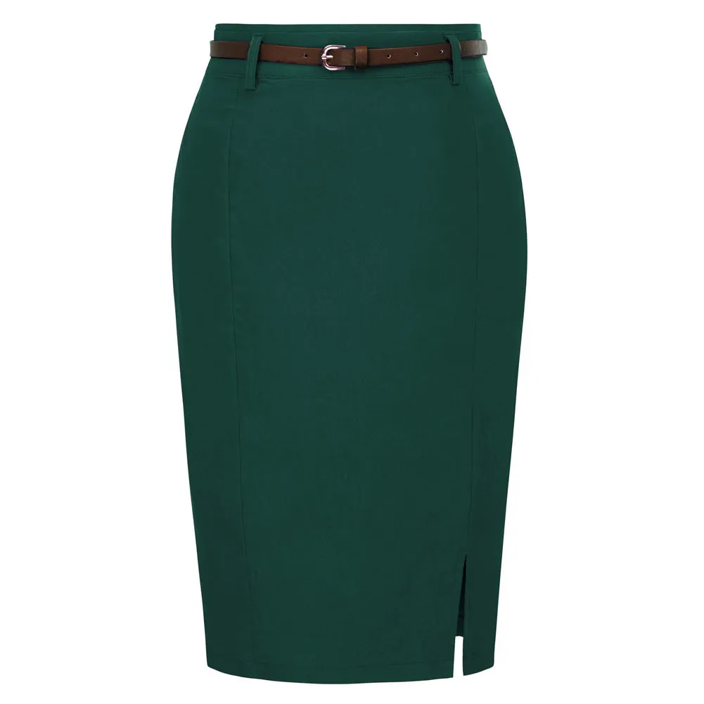 Solid Color Slim Belt Bodycon Pencil SkirtKnee Length Skirt