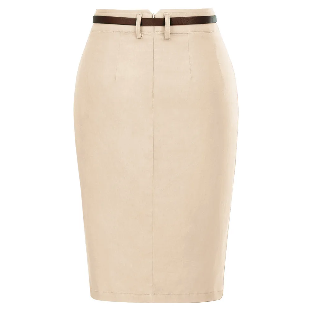 Solid Color Slim Belt Bodycon Pencil SkirtKnee Length Skirt