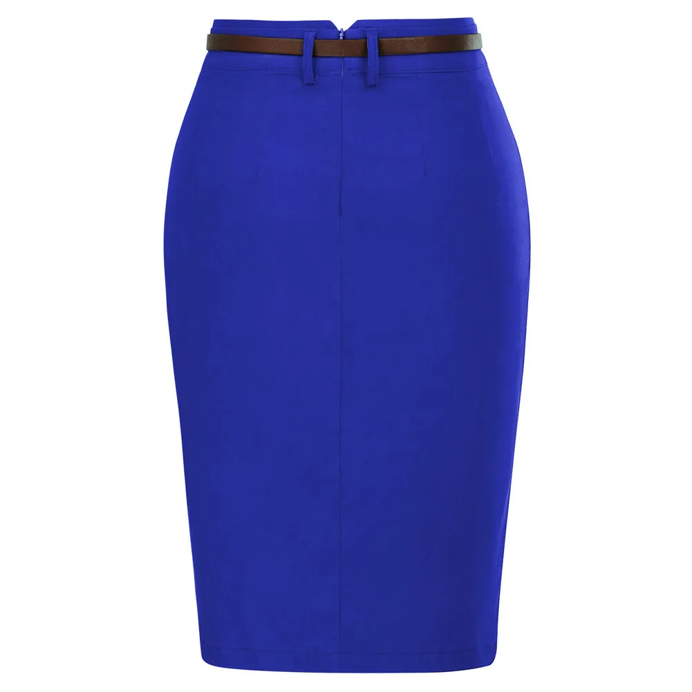 Solid Color Slim Belt Bodycon Pencil SkirtKnee Length Skirt