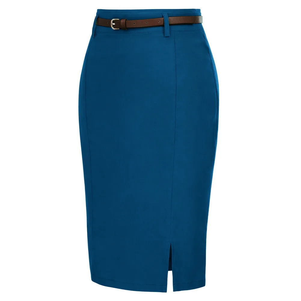 Solid Color Slim Belt Bodycon Pencil SkirtKnee Length Skirt