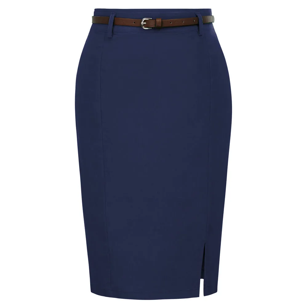 Solid Color Slim Belt Bodycon Pencil SkirtKnee Length Skirt