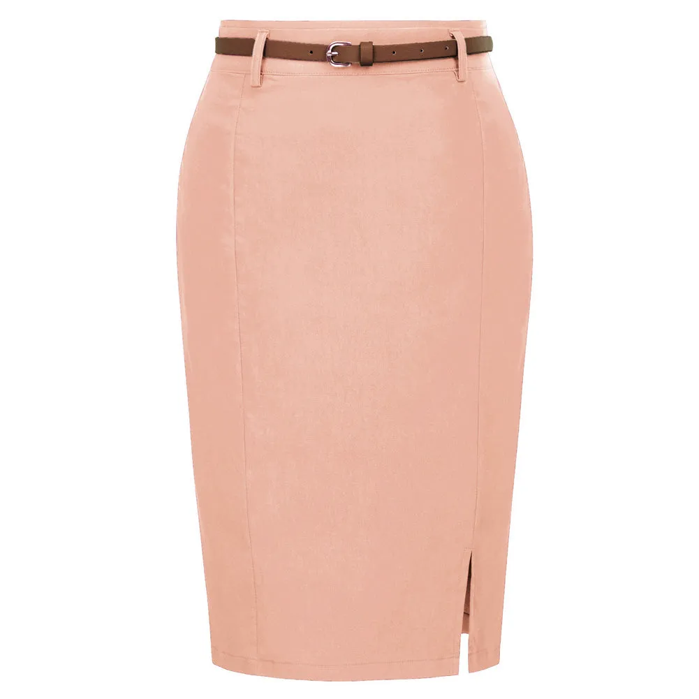 Solid Color Slim Belt Bodycon Pencil SkirtKnee Length Skirt