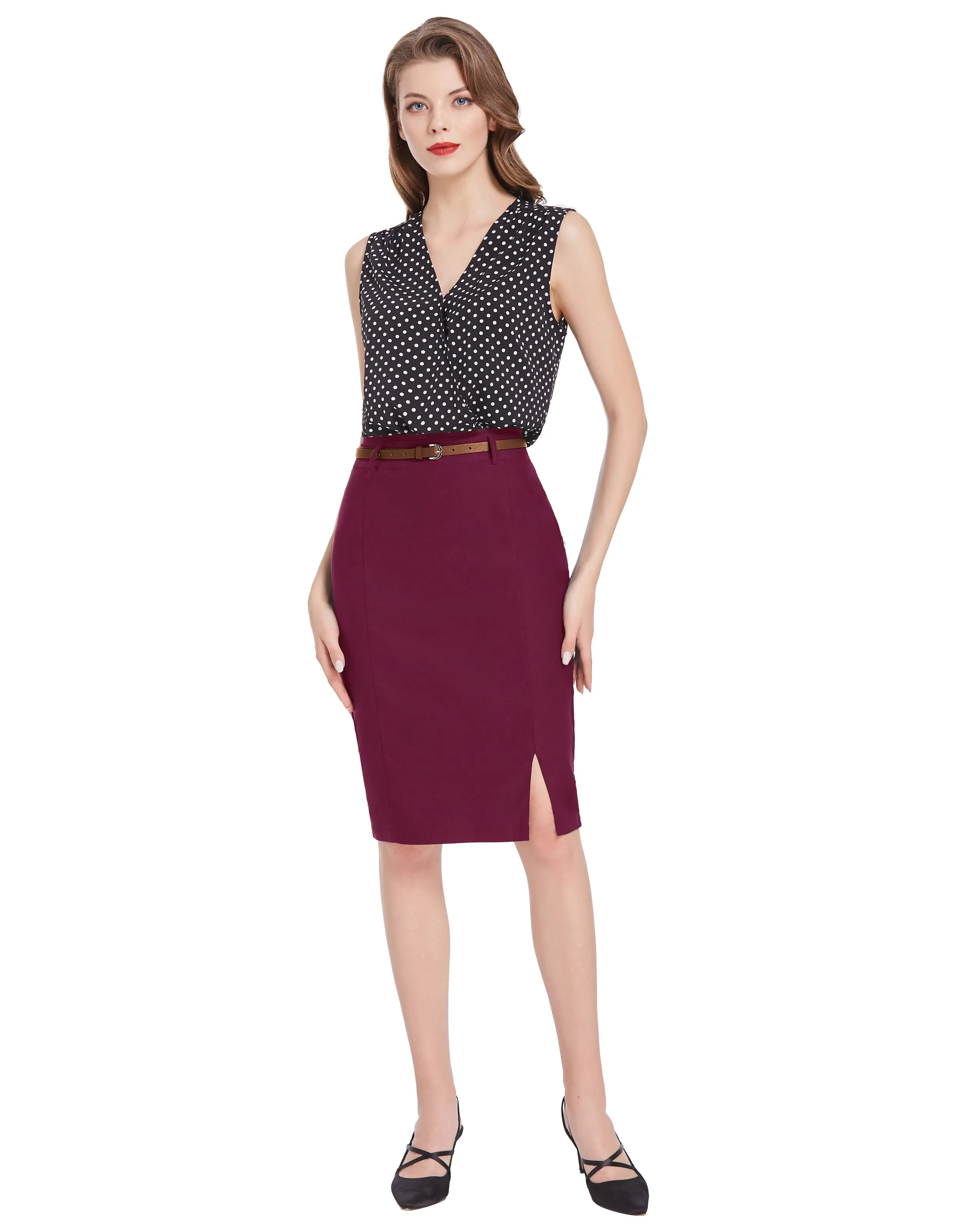 Solid Color Slim Belt Bodycon Pencil SkirtKnee Length Skirt