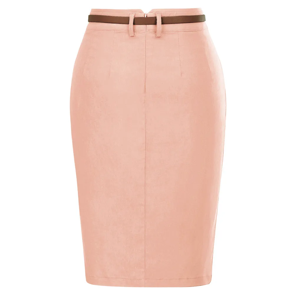 Solid Color Slim Belt Bodycon Pencil SkirtKnee Length Skirt