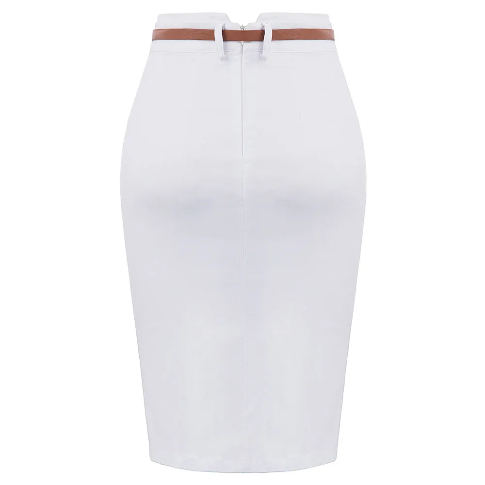 Solid Color Slim Belt Bodycon Pencil SkirtKnee Length Skirt