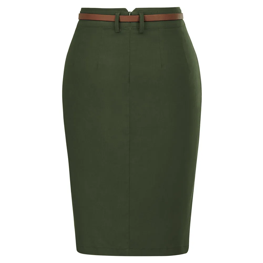 Solid Color Slim Belt Bodycon Pencil SkirtKnee Length Skirt