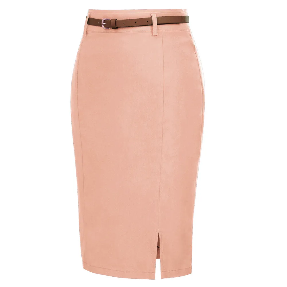 Solid Color Slim Belt Bodycon Pencil SkirtKnee Length Skirt