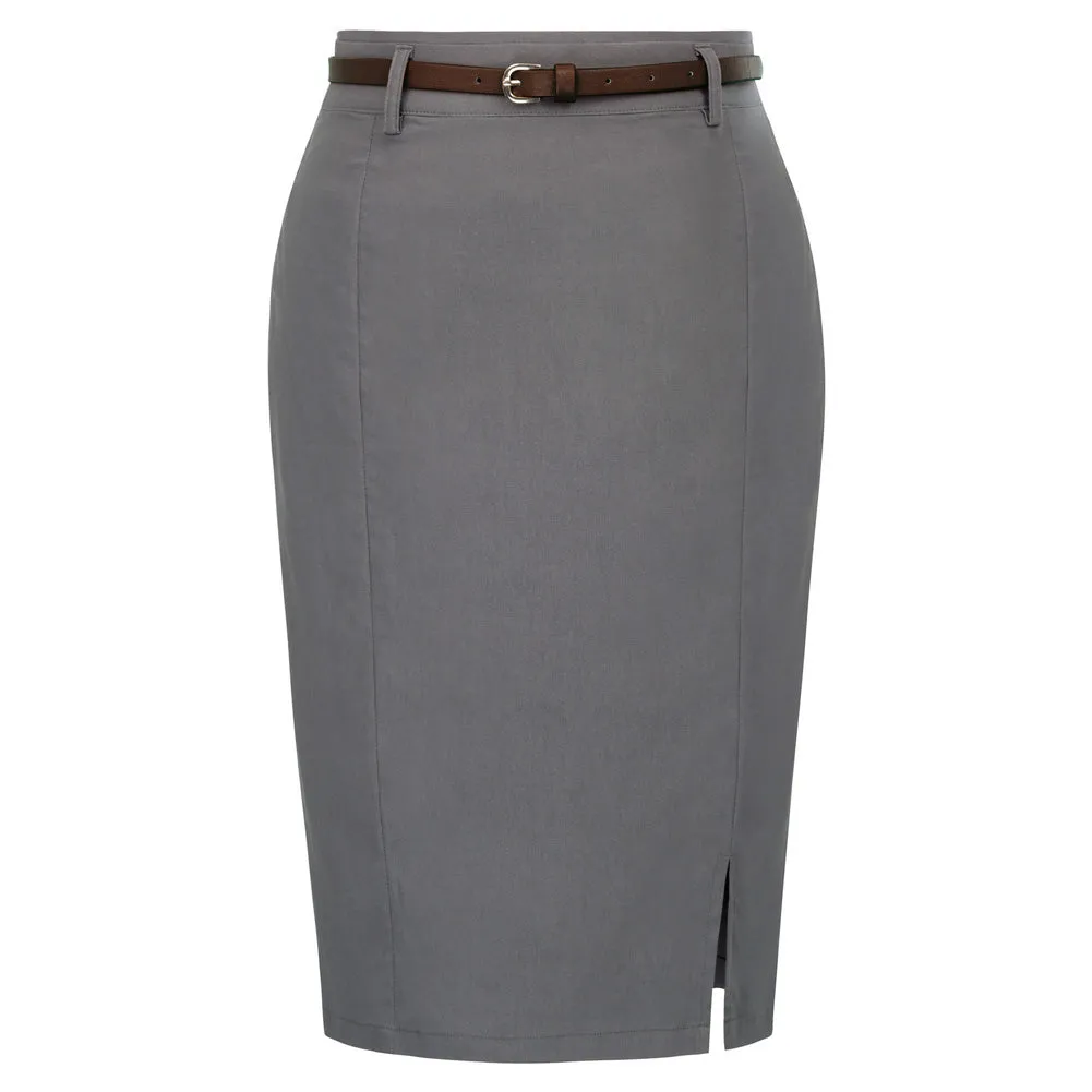 Solid Color Slim Belt Bodycon Pencil SkirtKnee Length Skirt